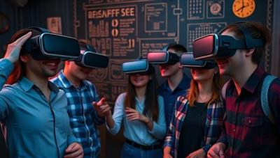 An engaging visual of a group of friends wearing VR headsets, interacting in a virtual escape room setting filled with intricate puzzles and mysterious clues, conveying excitement and collaboration.