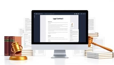 A sleek and modern digital interface displaying a variety of legal document templates, with a user customizing a contract on a computer screen, surrounded by legal books and a gavel, symbolizing efficiency and professionalism.