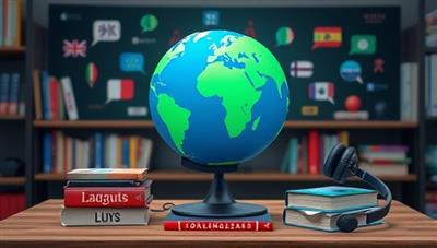 An interactive digital classroom setting with a virtual globe, language books, and headphones symbolizing language diversity and the interconnected nature of online language learning, inspiring global communication.
