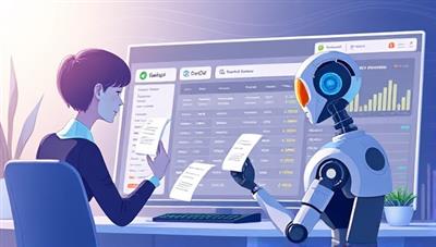 An animated illustration of a futuristic AI assistant organizing digital receipts and categorizing expenses on a sleek dashboard, symbolizing efficiency and automation in expense tracking.