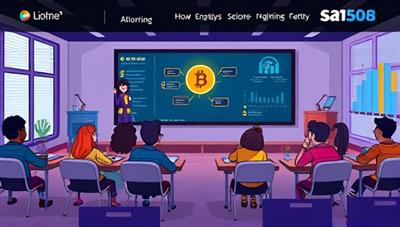 An online learning platform interface featuring engaging crypto courses, interactive quizzes, and a virtual classroom setting with animated characters explaining blockchain concepts, appealing to beginners in a fun and educational way.