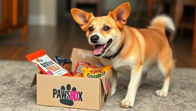An adorable dog wagging its tail in excitement while opening a personalized PawsBox filled with treats and toys, capturing the joy and anticipation of exploring new goodies.