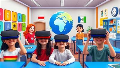 A colorful and vibrant virtual classroom setting with animated characters representing different languages, children wearing VR headsets engaged in language activities, and a virtual globe in the background symbolizing global learning opportunities.