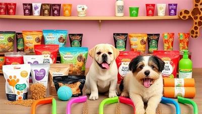 An array of pet treats, toys, and grooming products arranged in a playful and colorful pet-friendly setting, showcasing the essence of Paws & Whiskers Wellness and the joy it brings to furry companions.