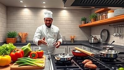 A virtual kitchen scene with a professional chef guiding participants through a cooking class, showcasing fresh ingredients, cooking utensils, and a sizzling stove, creating a realistic and immersive culinary experience in a digital space.