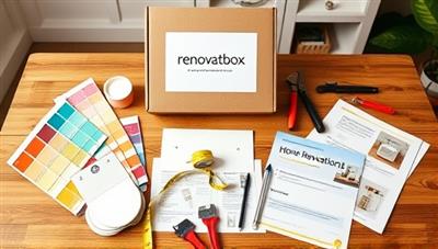 An image displaying a RenovateBox kit contents spread out on a table, including paint swatches, measuring tape, tools, and step-by-step renovation guides, inspiring customers to embark on their home improvement journey.