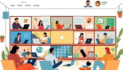 A vibrant online community hub showcasing remote workers, digital nomads, and travel enthusiasts engaging in virtual discussions, sharing tips, and collaborating on remote work projects, fostering a sense of community and connection in a digital workspace.
