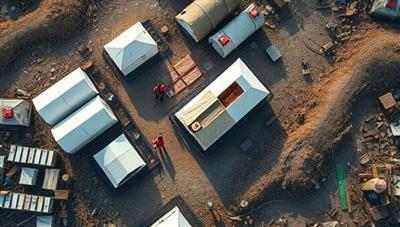 An aerial view of a disaster-stricken area with modular shelters being assembled quickly by relief workers, illustrating the rapid deployment and resilience of ResilientHomes Innovations' shelter solutions in providing safe and durable housing during emergencies.