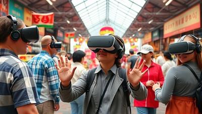 An engaging VR scene with a user interacting with virtual characters in a bustling marketplace, practicing language skills through dialogue exchanges and cultural immersion activities, creating a dynamic and interactive language learning environment.
