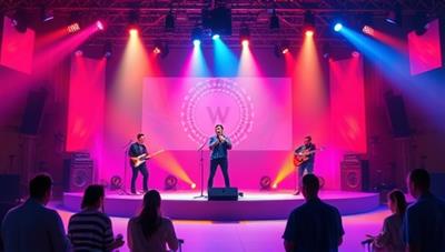 A vibrant digital stage setup with a live streaming performance by a talented artist, accompanied by a virtual chat feature for viewers to interact, creating an immersive and engaging music streaming experience.