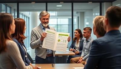 A professional consultant presenting green building certification documents to a group of attentive clients in a modern conference room, symbolizing expertise and guidance in achieving eco-friendly construction standards, showcasing the value of EcoCertify Solutions' services.