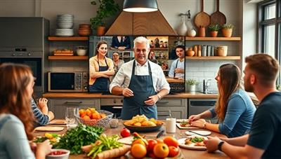 A vibrant and engaging virtual cooking class scene with a chef demonstrating a recipe on a live stream, surrounded by colorful ingredients, cooking utensils, and eager participants following along from their kitchens, creating a dynamic and interactive culinary experience.