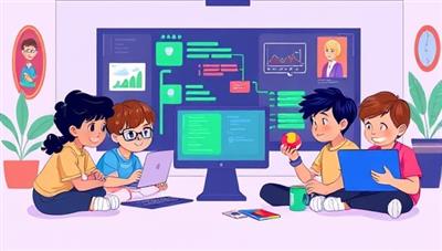 An animated scene of a group of children attending a virtual coding class, collaborating on a coding project, solving puzzles, and creating digital animations, reflecting the interactive and educational atmosphere of the virtual coding bootcamp for kids.
