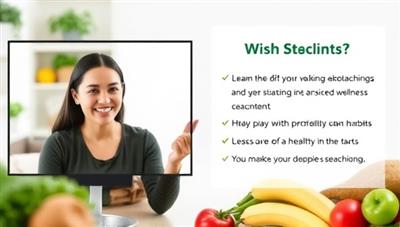 A virtual wellness coaching session with a coach guiding a client through a personalized meal plan and discussing healthy lifestyle habits via a video call, with fresh fruits and vegetables in the background, promoting holistic health and wellness coaching in a virtual setting.