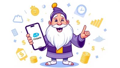 An engaging illustration of a friendly genie character surrounded by financial symbols and charts, interacting with a smartphone displaying the FinGenie app, conveying the idea of personalized financial assistance and guidance.