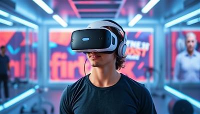 A person wearing a VR headset in a bright, futuristic gym environment, surrounded by virtual workout equipment and motivational visuals, showcasing the immersive and innovative fitness experience of VR Fit Boost.