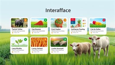 An educational platform interface featuring diverse agricultural courses, interactive learning modules, and engaging visuals of crops and livestock, symbolizing a comprehensive and interactive learning experience in agriculture.