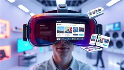 An imaginative VR headset displaying a futuristic web design studio environment with virtual design tools, interactive website prototypes floating in 3D space, and a client immersed in the VR experience, symbolizing the innovative and immersive nature of VirtuWeb Studio's virtual reality design services.
