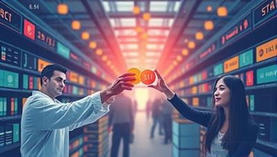 An artistic representation of two individuals exchanging virtual skill tokens in a digital marketplace, symbolizing the exchange of knowledge and expertise in a modern and collaborative way.