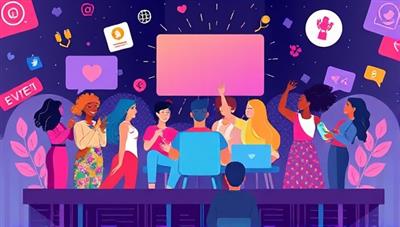 An artistic and colorful illustration of various influencers and event organizers collaborating on a digital platform, with virtual event banners and social media icons in the background, symbolizing creativity and collaboration in event promotion.