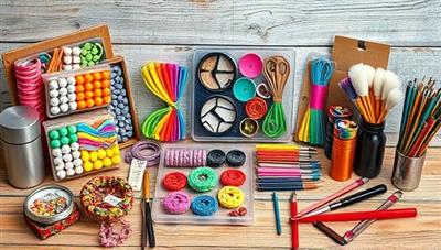An artistic image of a colorful array of DIY craft kits filled with beads, ribbons, paints, and tools, arranged on a rustic wooden table, inviting viewers to embark on a creative journey of self-expression and artistic exploration through handmade crafts and personalized projects.
