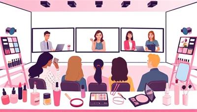 A digital illustration of a virtual beauty masterclass setting, featuring a diverse group of participants engaging with beauty experts through screens, surrounded by cosmetic products and beauty tools, illustrating a dynamic and interactive online learning experience in the beauty realm.