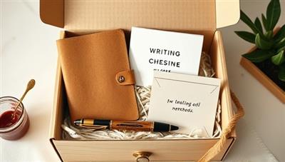 An aesthetically pleasing image of a beautifully designed writing subscription box with artisanal notebooks, premium pens, inspirational cards, and a wax seal kit, evoking a sense of anticipation and delight for writers receiving their personalized creative tools.