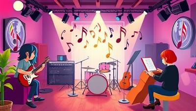 A dynamic virtual music studio scene with animated musicians playing various instruments, musical notes floating in the air, and a lively concert atmosphere, illustrating the immersive and engaging nature of the online music lessons platform.