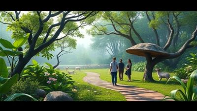 A captivating virtual nature reserve with lush greenery, diverse wildlife, and a virtual environmental educator leading a group of participants on a virtual eco-tour, showcasing a harmonious and immersive environmental education experience in a digital ecosystem.