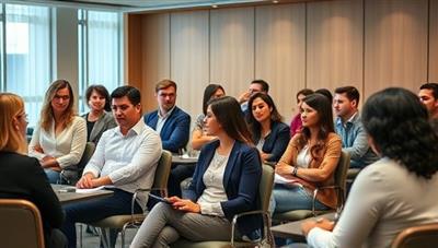 An inclusive workplace seminar setting with a diverse group of professionals engaging in discussions and training sessions on diversity and inclusion best practices, highlighting the consultancy's commitment to fostering inclusive workplaces and diverse talent pools.