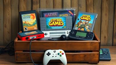 An artistic representation of a vintage-style wooden crate filled with retro gaming treasures, including classic game cartridges, retro consoles, and gaming posters, evoking a sense of nostalgia and excitement for retro gaming fans.