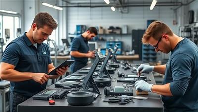 An array of fitness technology devices being expertly repaired and upgraded by skilled technicians in a modern workshop setting, with high-tech tools, diagnostic equipment, and a focus on precision and quality craftsmanship, showcasing the expertise and reliability of FitTech Revive's tech services.
