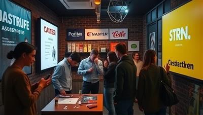 An immersive escape room setting with players examining clues and solving puzzles amidst strategically placed brand advertisements, creating an engaging and interactive environment that blends entertainment with marketing.