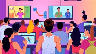 A vibrant digital illustration showing a diverse group of people engaging in virtual workout sessions with energetic coaches on screens, conveying a sense of community and motivation in a digital fitness world.