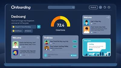 An animated virtual onboarding dashboard displaying a progress bar, welcome messages, and interactive training modules, creating a digital environment that simulates a real onboarding experience, emphasizing efficiency and engagement.