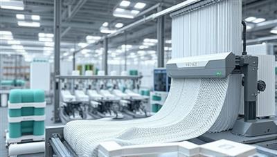 An image depicting the AI-driven sustainable textile manufacturing process, showcasing robotic machinery and AI algorithms optimizing resource usage and fabric production, with a focus on eco-friendly practices and high-tech innovation in the textile industry.
