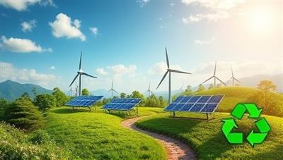 An inspiring visual of a digital landscape with lush greenery, solar panels, wind turbines, and recycling symbols, symbolizing the journey towards a sustainable future through GreenPath Learning's online sustainability courses and initiatives.