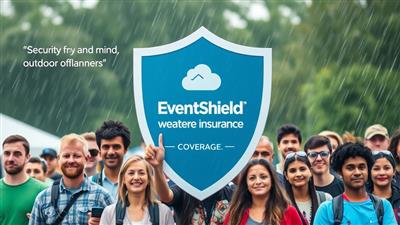 An engaging graphic of a diverse group of event organizers under a protective shield symbolizing EventShield's real-time weather insurance coverage, highlighting the security and peace of mind offered to outdoor event planners.