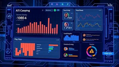 An illustration of a futuristic AI interface displaying gaming statistics, personalized recommendations, and real-time tips overlaid on a gaming screen, symbolizing advanced gaming support and guidance.