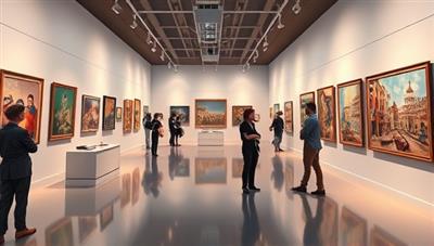 An artistic digital rendering of a virtual art gallery space filled with captivating artworks, interactive touchpoints for exploration, and avatars admiring and discussing the art pieces, creating a dynamic and engaging virtual art exhibition atmosphere.