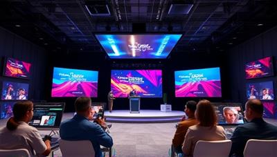 A virtual event setup with a stage, interactive screens, and virtual attendee avatars participating in an engaging virtual conference, with colorful graphics and dynamic content, illustrating the modern and immersive nature of virtual events.