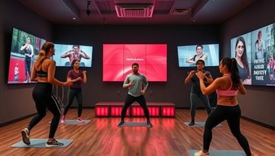 A virtual fitness studio ambiance with energetic coaches leading a workout session, surrounded by digital screens displaying exercise routines and wellness tips, creating a dynamic and motivating environment within FitFusion Coaching's platform.
