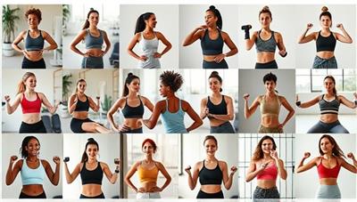 A dynamic collage of diverse individuals engaging in virtual fitness challenges through the FitFusion platform, showcasing different workout styles, challenges, and motivational interactions, evoking a sense of community and empowerment.