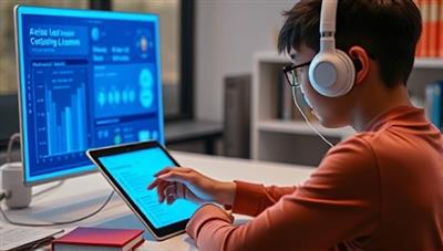 An AI-powered virtual tutor interacting with a student on a digital tablet, analyzing learning patterns and adjusting the lesson plan in real-time, illustrating the personalized and adaptive nature of GeniusMate's tutoring approach.