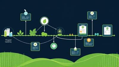 An illustrative representation of a blockchain network interconnecting various stages of the agricultural supply chain, from farm to consumer, with transparent data blocks showing product details, certifications, and quality metrics, symbolizing trust and integrity in food traceability.