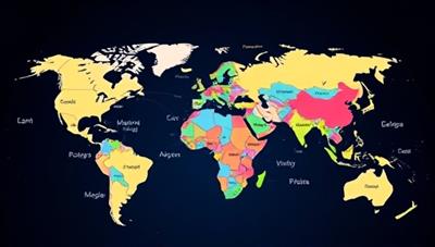 A virtual global map highlighting different languages and cultures, connecting users from various regions in a digital language learning ecosystem, symbolizing diversity and community.