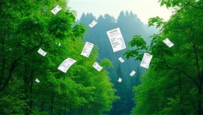 An artistic representation of a lush green forest with digital receipts floating in the air, transitioning into digital pixels symbolizing the transformation from paper to eco-friendly digital receipts, conveying the message of sustainability and innovation.