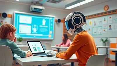 An interactive digital classroom setting with a futuristic AI tutor guiding students through engaging educational activities, highlighting the innovative and personalized learning experience offered by TutorBot AI.