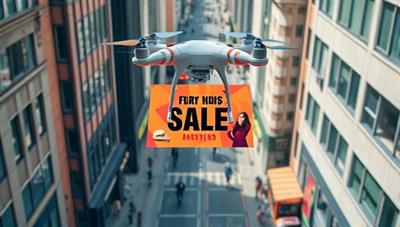Aerial view of a bustling urban street with a drone flying overhead, displaying a vibrant banner ad for a trendy fashion brand, capturing the attention of pedestrians below and creating a visually striking scene that epitomizes urban drone banner advertising.
