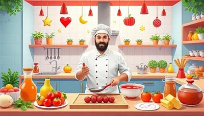 A vibrant digital illustration featuring a virtual cooking class setting with a chef demonstrating a recipe, surrounded by fresh ingredients, kitchen utensils, and culinary decorations, creating a visually appetizing and interactive culinary experience in a digital kitchen.